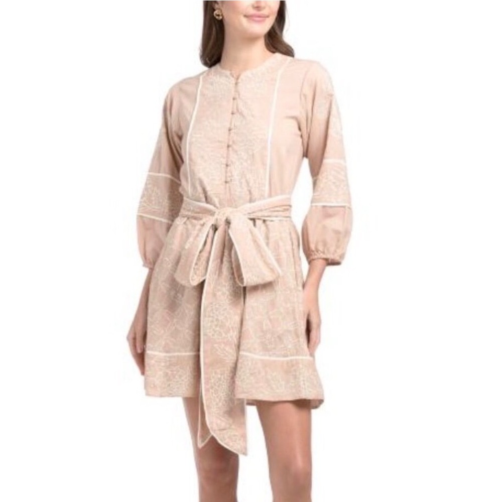 Sue Sartor Jewel Neck Flounce Cotton Floral Embroidered Beige Mini Dress XL NEW
